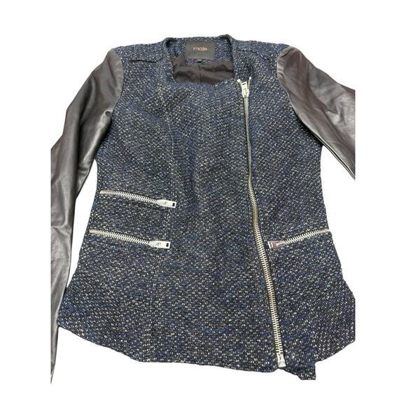 Maje Black Tweed Leather Sleeve Moto Zip Jacket FR 38 US 6 Chic Parisian Style - Picture 6 of 12